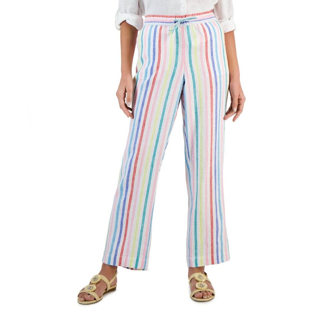Charter Club Women's Striped Linen Pants Bright White Combo Size XL NWT